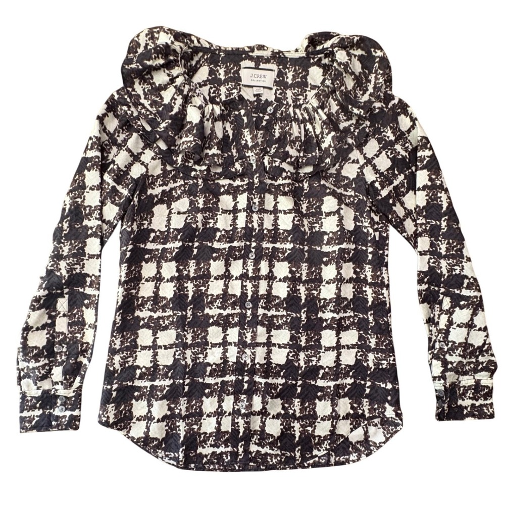 J.Crew Collection Silk Plaid Ruffle Blouse Womens XXS Black Ivory Long Sleeve